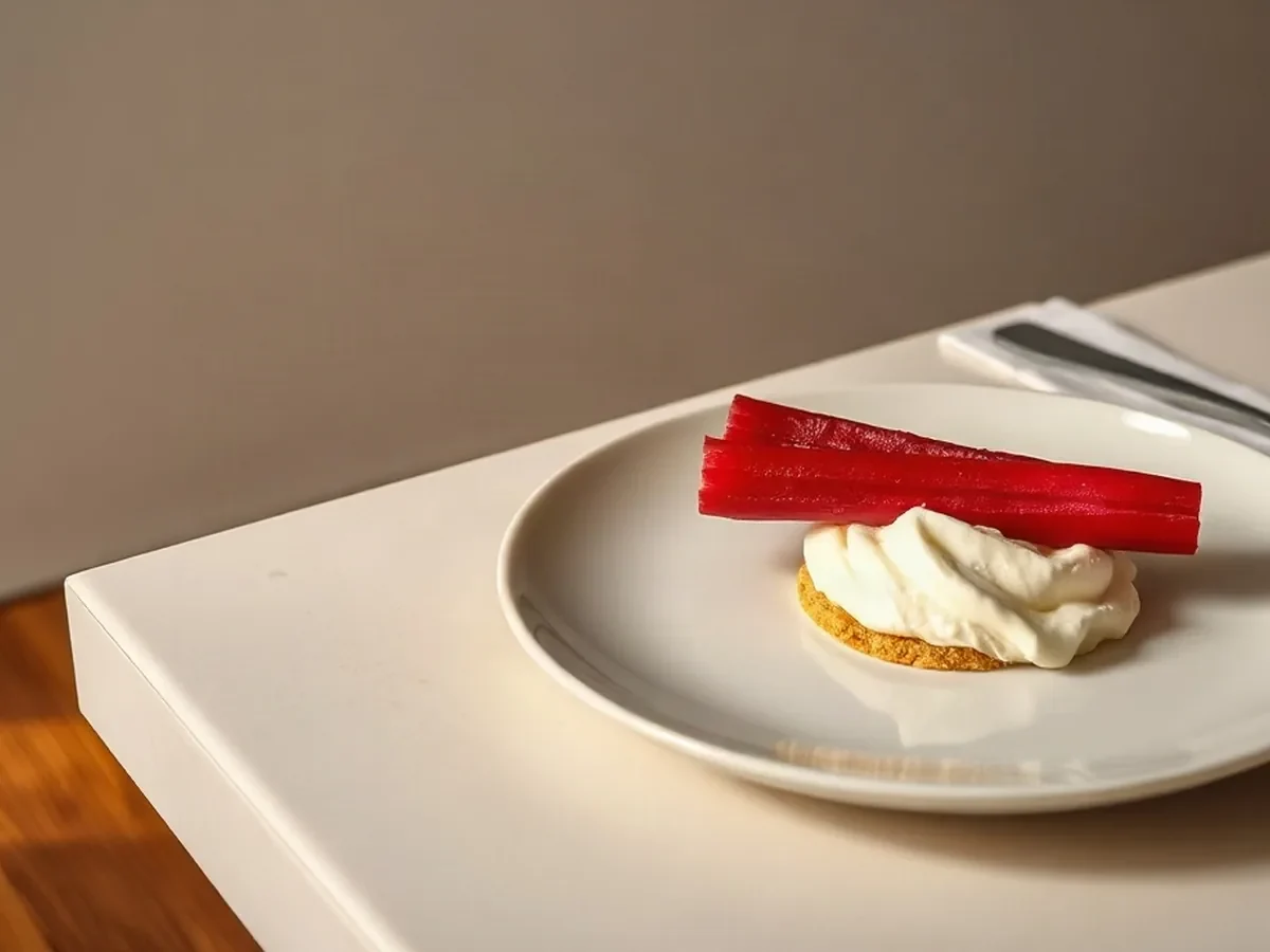 Pink rhubarb, vanilla cream, and crisp biscuit crumb arranged on an ivory plate in soft light.