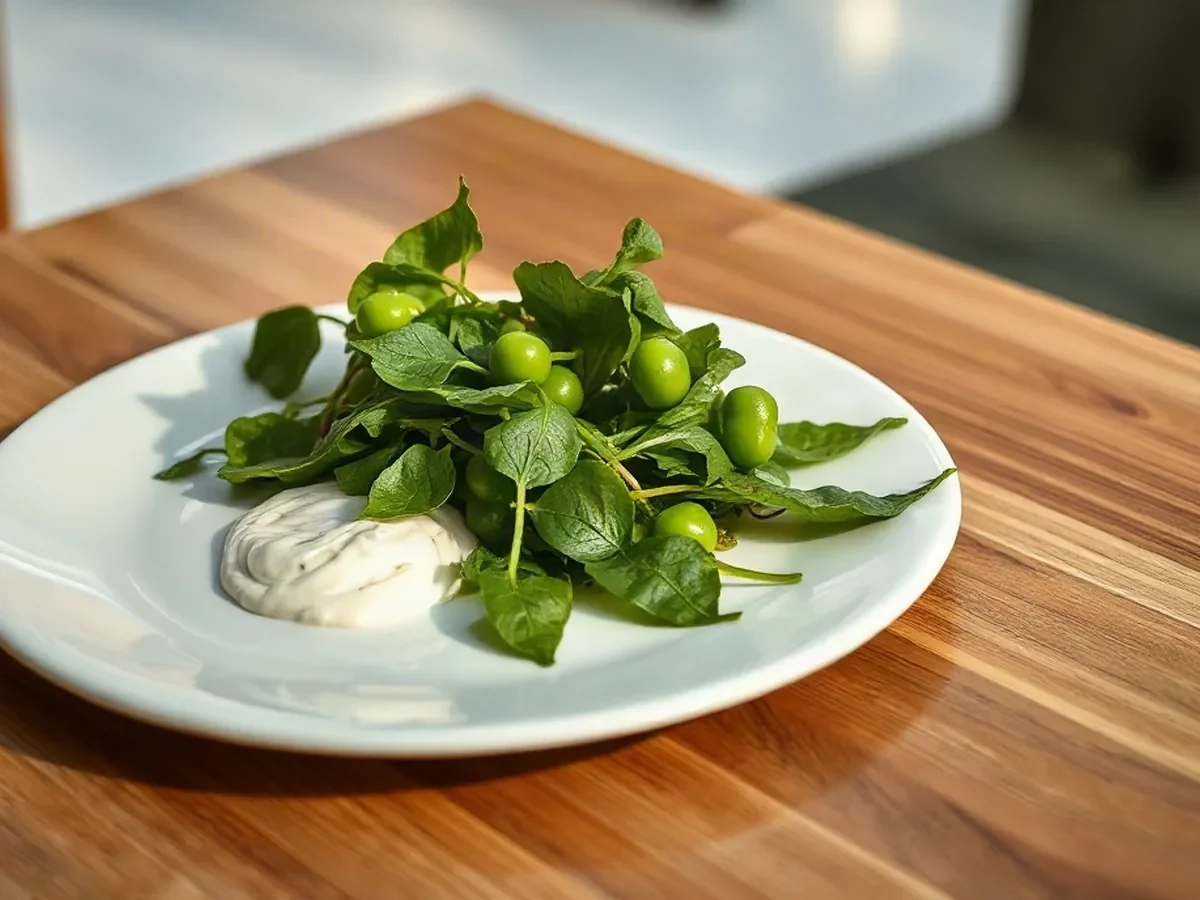 Fresh garden greens and peas with herb cream on an ivory plate, lit softly against warm oak.
