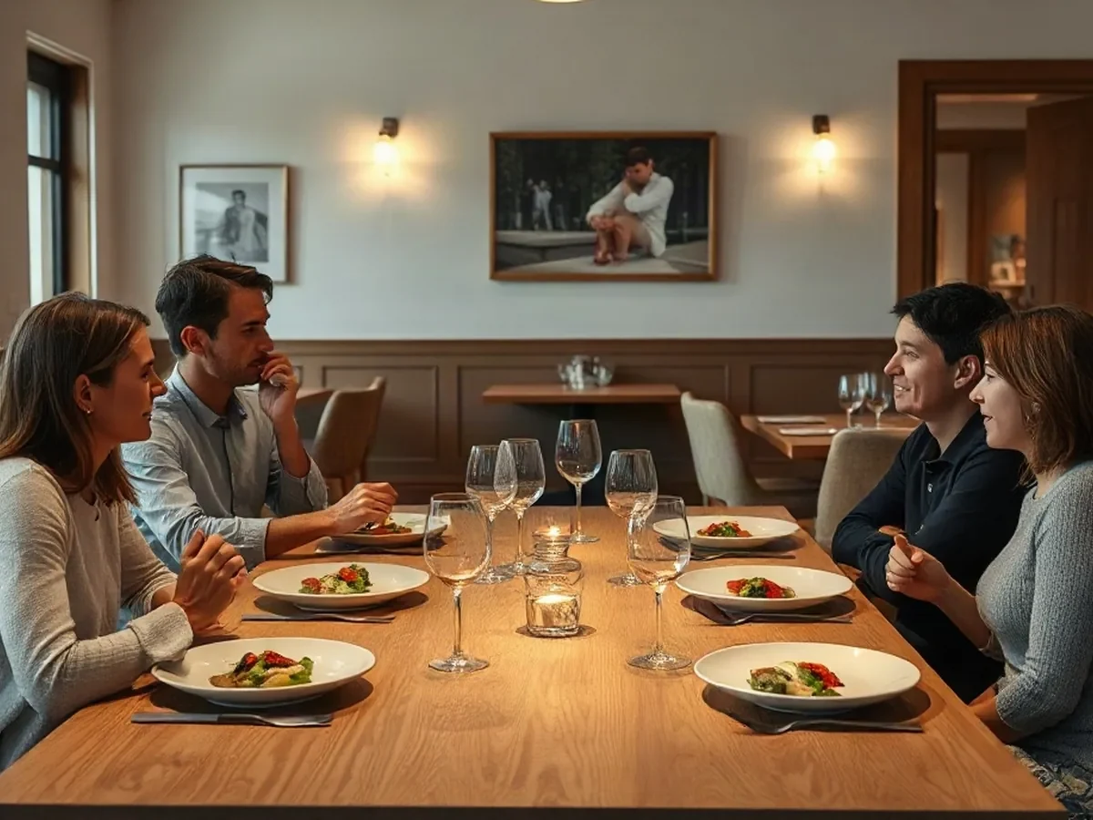 Adults sharing a meal at a warm oak table, with seasonal plates and soft light across pale plaster.
