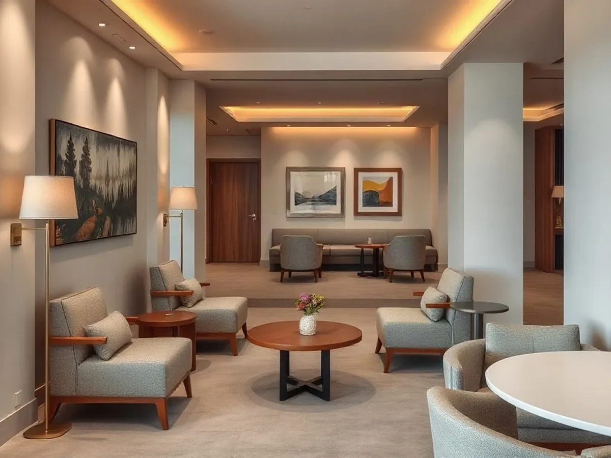A quiet lounge corner with sage seating, an oak table, and soft light across pale plaster.
