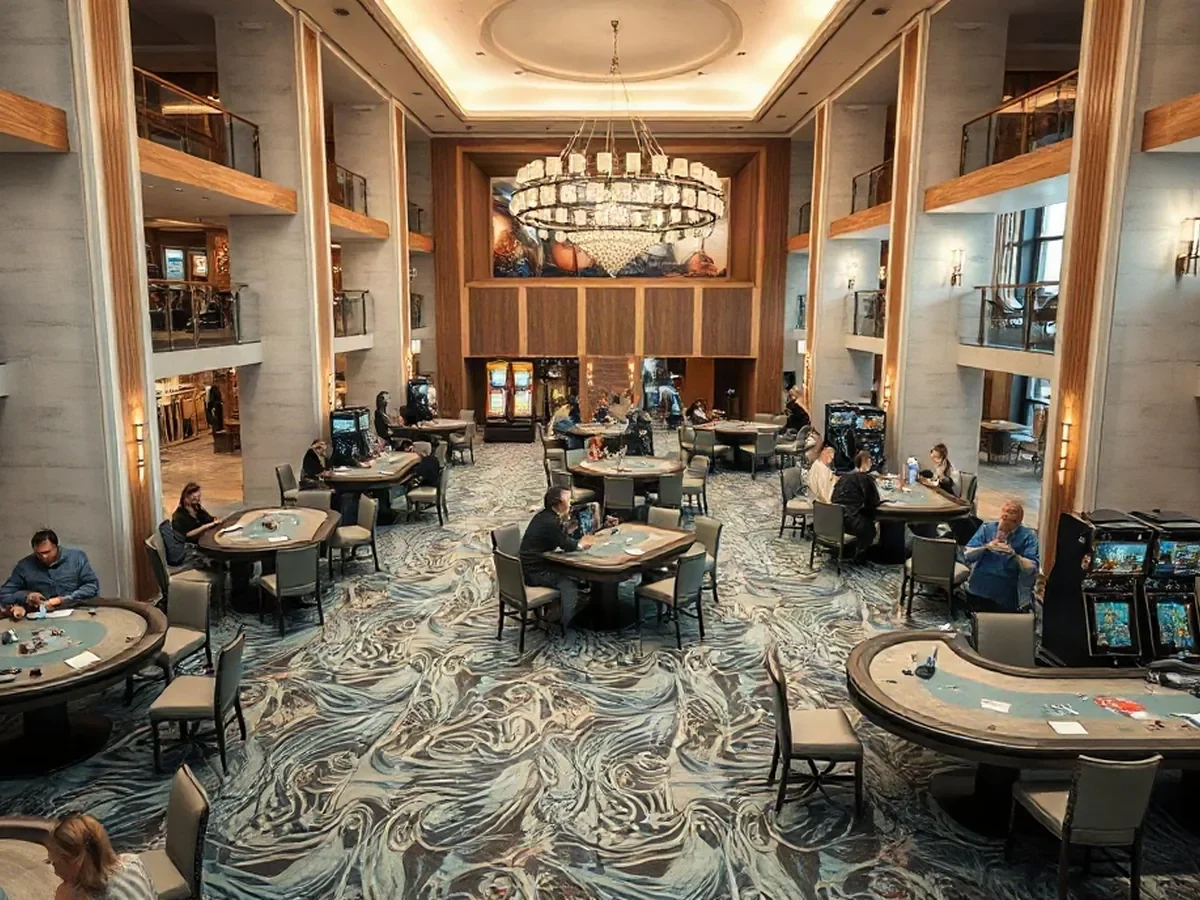 A gaming floor with table areas and machines, framed by pale plaster, warm oak, and pools of evening light.