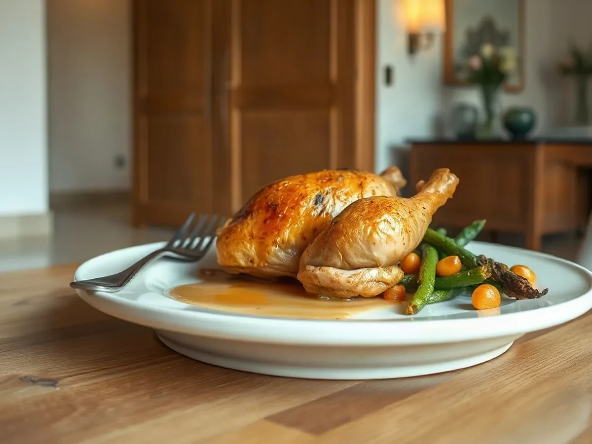 Roast chicken and seasonal vegetables on an ivory plate, with golden edges and warm, focused light.